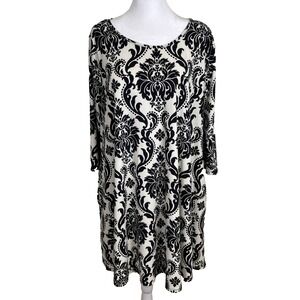 42 Pops Women's Shift Dress Size 1X Black Cream Damask Print Feminine Flowy Midi
